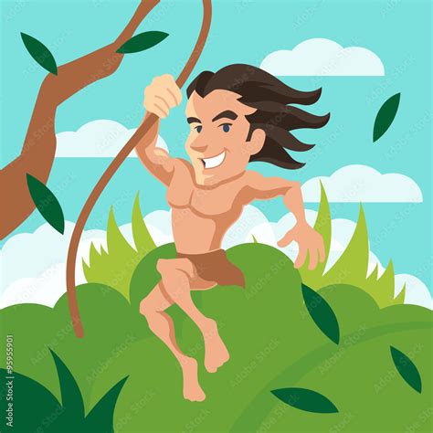 Tarzan swinging on a vine. Vector cartoon illustration Stock Vector ...