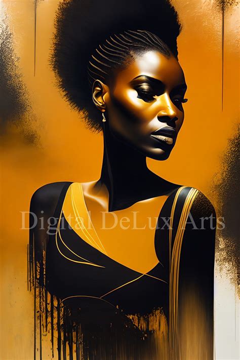 a painting of a woman with an afro hairdow and yellow dress, against a gold background