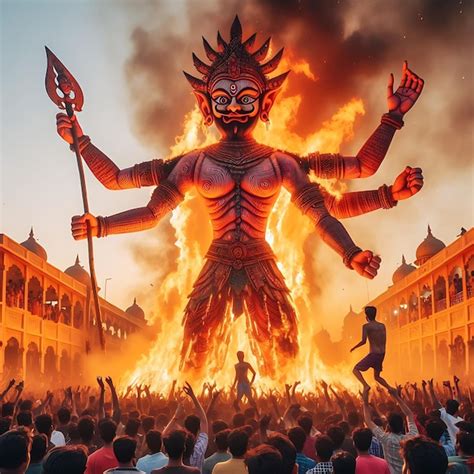 Happy Dussehra Festival and Ravan Burning Illustration | Premium AI ...