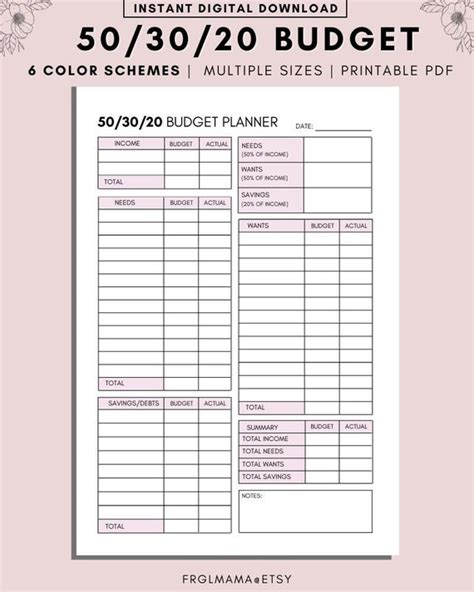 50/30/20 Budget Overview Template Printable Monthly Budget - Etsy New ...