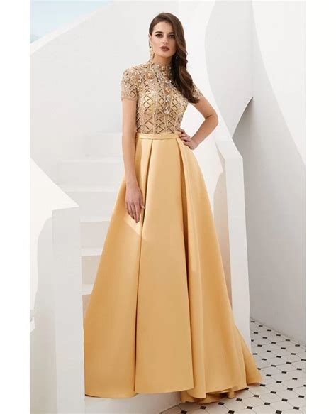 Gorgeous Long Gold Formal Prom Dress With Beading Sleeves #F005C ...