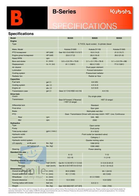 Kubota Tractor B Series Specs - Kubota Tractors