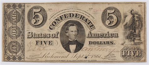 1861 $5 Five Dollars Confederate States of America Richmond CSA Bank ...