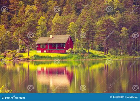 Wooden Cabin in Forest on Lake Shore, Norway Stock Image - Image of ...