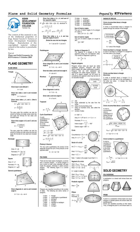 Plane and Solid Geometry Formulas Prepared by: RTFVerterra