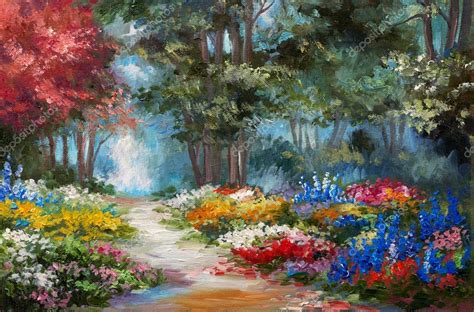 Painting of a forest | Oil painting landscape - colorful forest — Stock ...