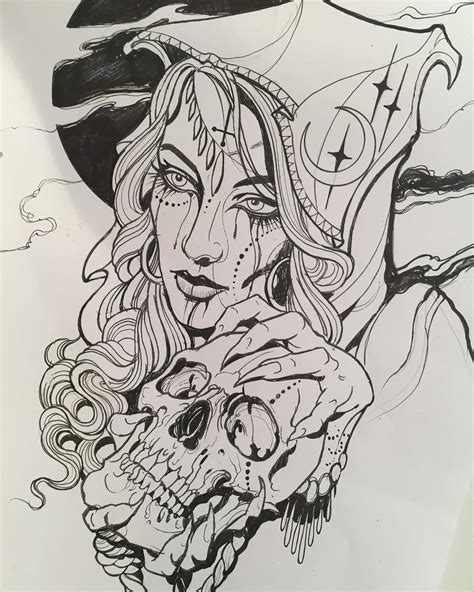 Sketches for a tattoo - a girl with a mask of a skull | Sketch tattoo ...