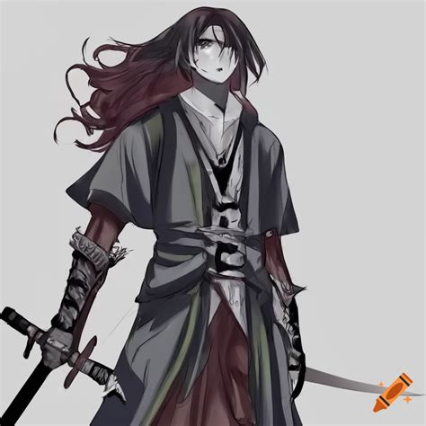 A swordsman with gray, ashy skin and dark clothing. his eyes are black ...