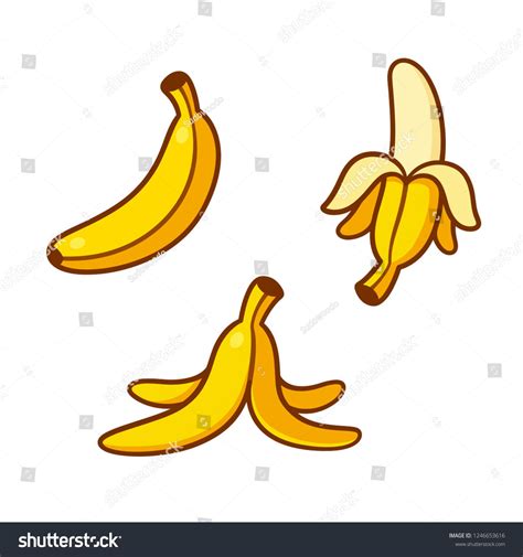 Set of cartoon banana drawings: single, peeled and banana peel on the ...