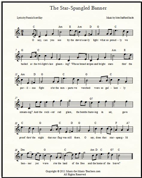 Star-Spangled Banner Free Sheet Music & Lyrics for All Instruments