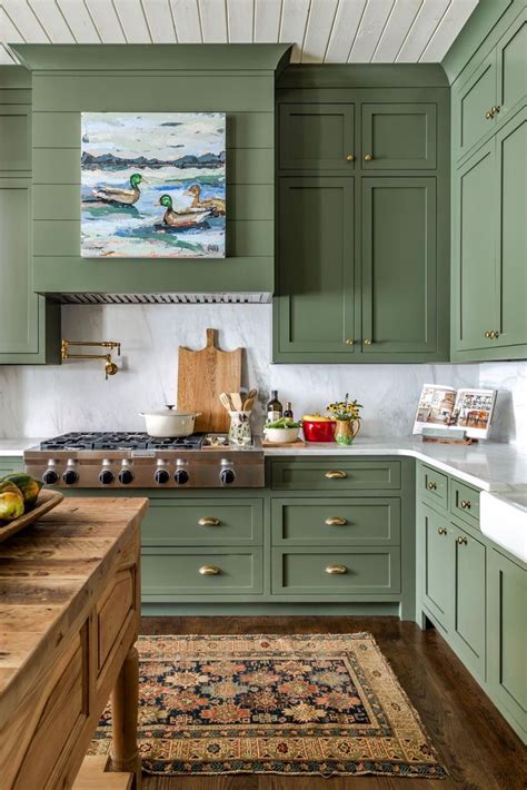 Traditional Farmhouse Kitchen With Green Cabinets and Artwork | Home ...