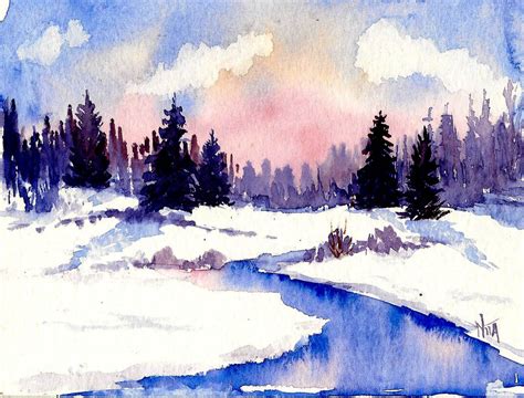 cold spring in winter watercolor 4x5 copyrighted nita leger casey ...