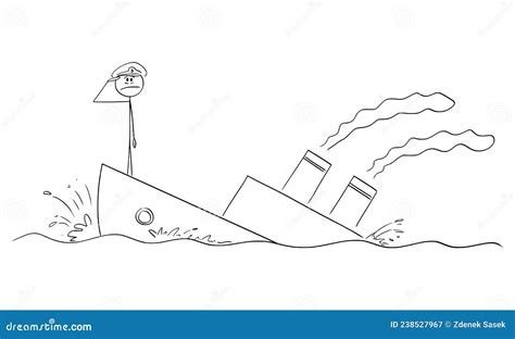 Captain Of The Sinking Ship Or Boat Saluting, Vector Cartoon Stick ...