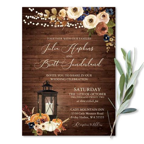 Rustic Fall Wedding Invitation with A Metal Lantern and Florals