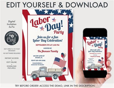 Labor Day BBQ Party Invitation Labor Day Editable Invitation - Etsy