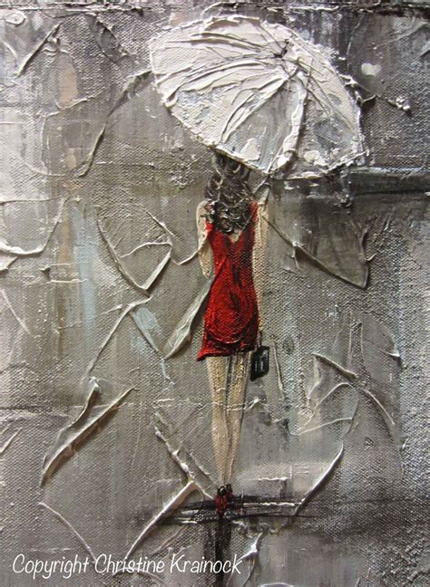 ORIGINAL Art Abstract Painting Girl Red Umbrella White Red Dress Grey ...