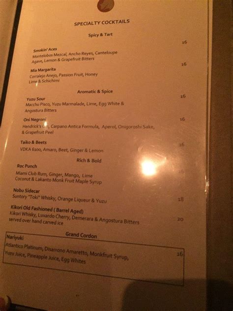 Menu at Nobu Miami restaurant, Miami Beach