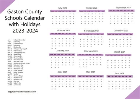 Gaston County Schools Calendar with Holidays 2023-2024