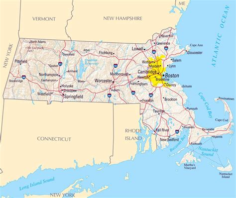 Large map of Massachusetts state with roads, highways, relief and major ...