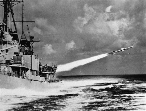 USS Gyatt (DDG-1) launching Terrier missile, photograph released April ...