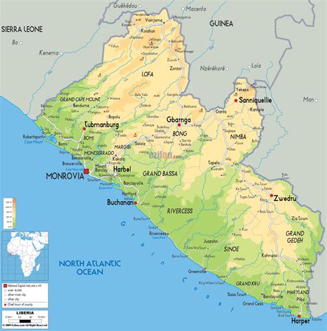 Physical Map of Liberia - Ezilon Maps