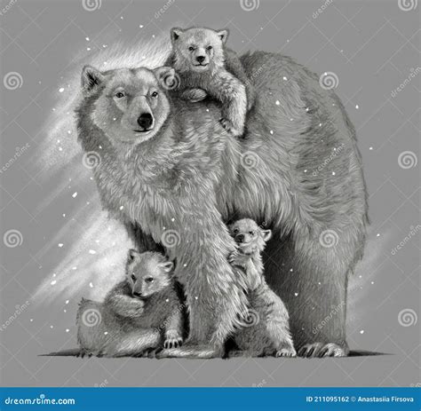 Polar Bear Mother with Three Cubs on a Gray Background, Pencil Sketch ...