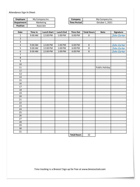 Free Attendance Sheet Template - Breeze Clock