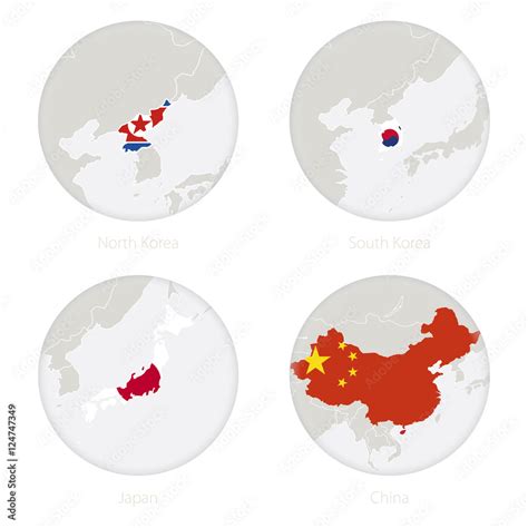 North Korea, South Korea, Japan, China map contour and national flag in ...