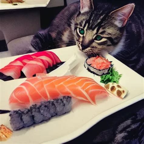 realistic photo of a cute cat eating sushi | Stable Diffusion