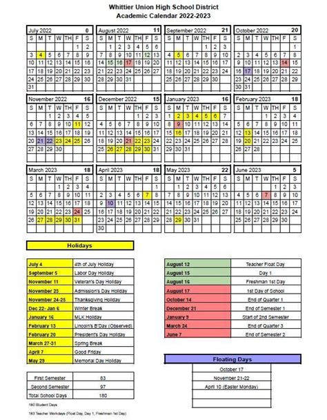 WUHSD Academic Calendars – District Information – Whittier Union High ...