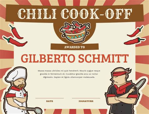 Printable Chili Cook Off Award Certificate Template