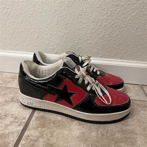 Red and black bape sneakers Minor cracking and wear... - Depop