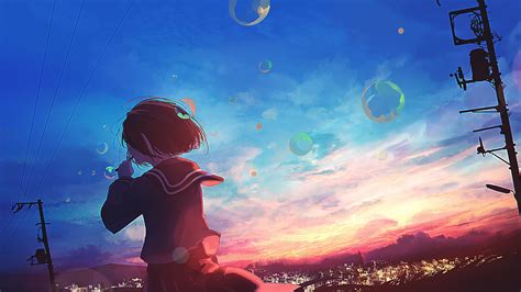 Anime, Scenery, Girl, Sunset, Bubbles, 4K, #276 Wallpaper