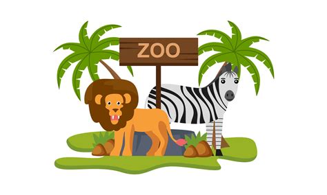 Zoo cartoon illustration with safari animals on forest background ...