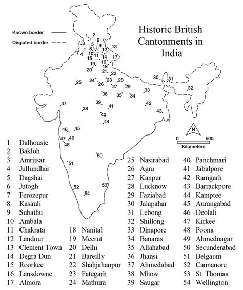 Map of Historic British Cantonments in India, c. 1864, after Kalal [23 ...