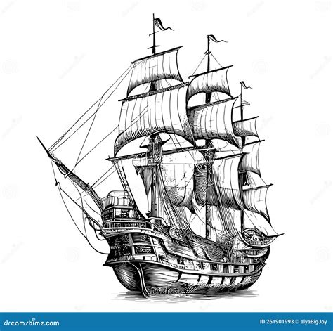 Pirate Ship Hand Drawn Sketch Stock Vector - Illustration of antique ...