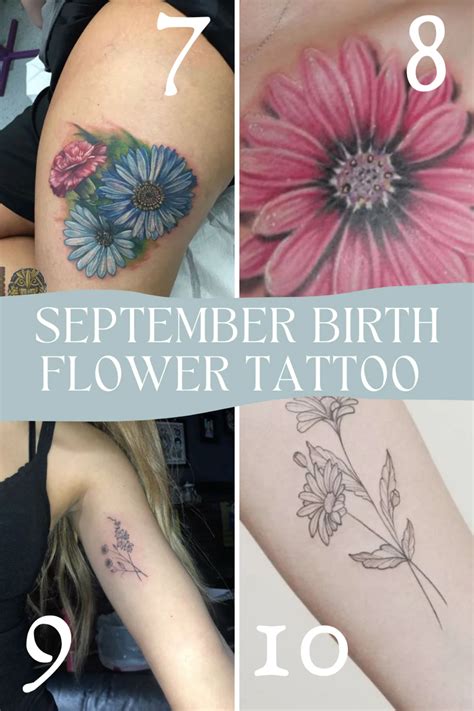 four different tattoos with flowers on them and the words, 8 september ...