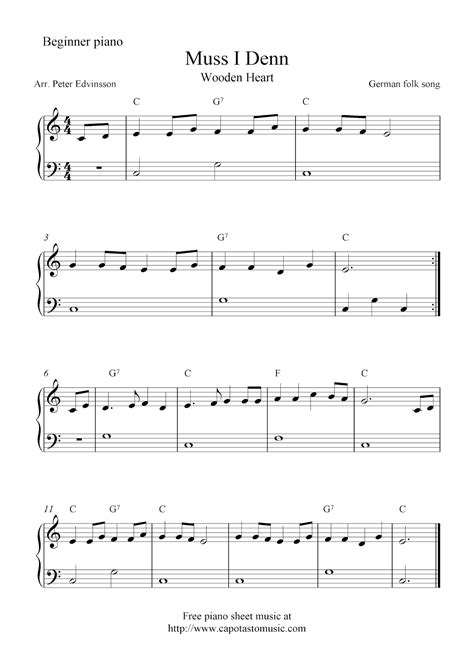 Free easy piano sheet music for beginners, Muss I Denn (Wooden Heart)