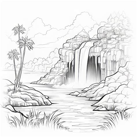 Ocean Scene With Cascading Waterfall Coloring Page | Premium AI ...