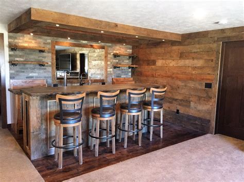 rustic basement bar with concrete bar top, copper ceiling tiles ...