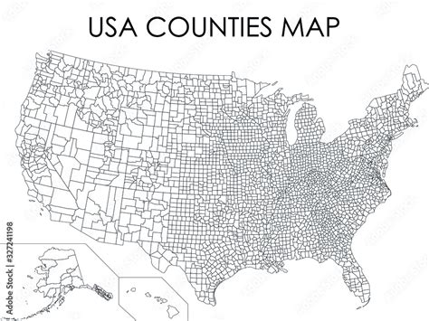 Black USA Counties Map on White Background Stock Vector | Adobe Stock