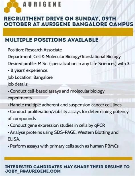 Cell & Molecular Biology Research Associate Jobs - Aurigene Bangalore