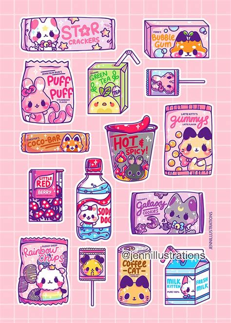 OC Snacks Sticker Sheet | Sticker art, Kawaii art, Aesthetic stickers