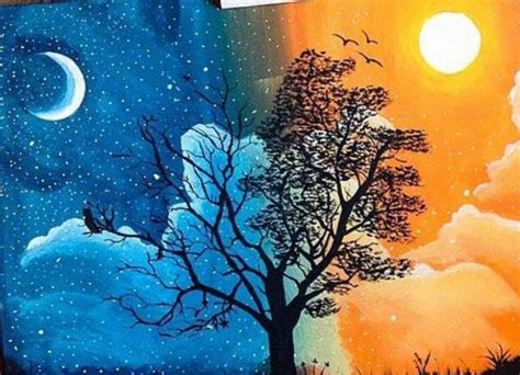 Night and Day Tree | Tree painting canvas, Sunset painting, Diy canvas ...