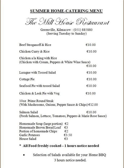 Menu at Mill House restaurant, Ireland, Greenvill