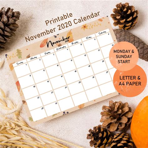 November 2020 Printable Calendar, Autumn Monthly Planner, Fall Theme ...