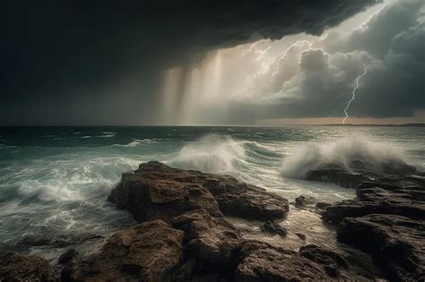 Premium AI Image | Storm clouds over the ocean with a lightning storm ...