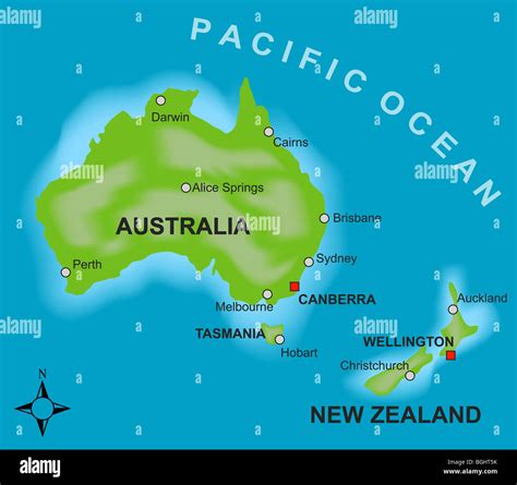 A stylized map showing the countries of Australia and New Zealand Stock ...