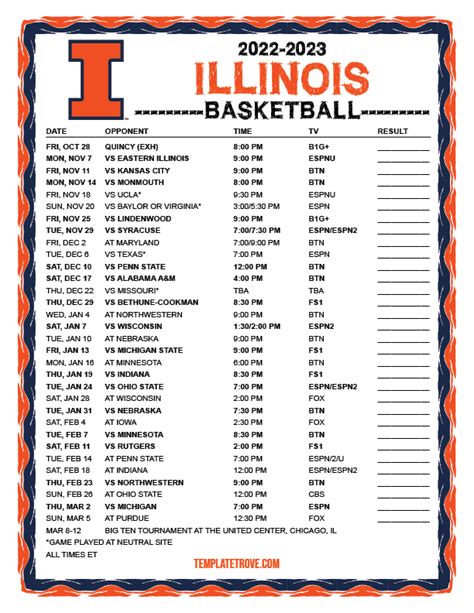 Printable 2022-2023 Illinois Fighting Illini Basketball Schedule