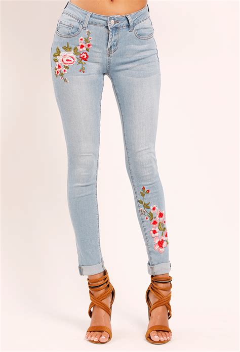 Cuffed Floral Embroidered Jeans | Shop High & Mid Waisted Jeans at ...